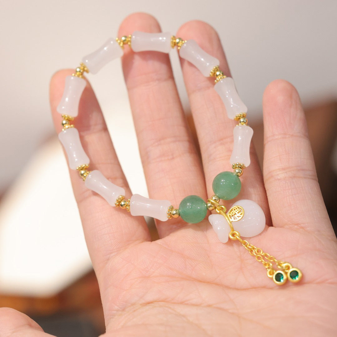 Bamboo-Shaped White Jade Wealth Pouch Bracelet