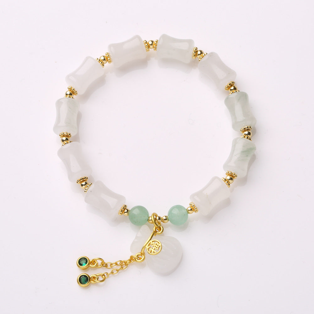 Bamboo-Shaped White Jade Wealth Pouch Bracelet