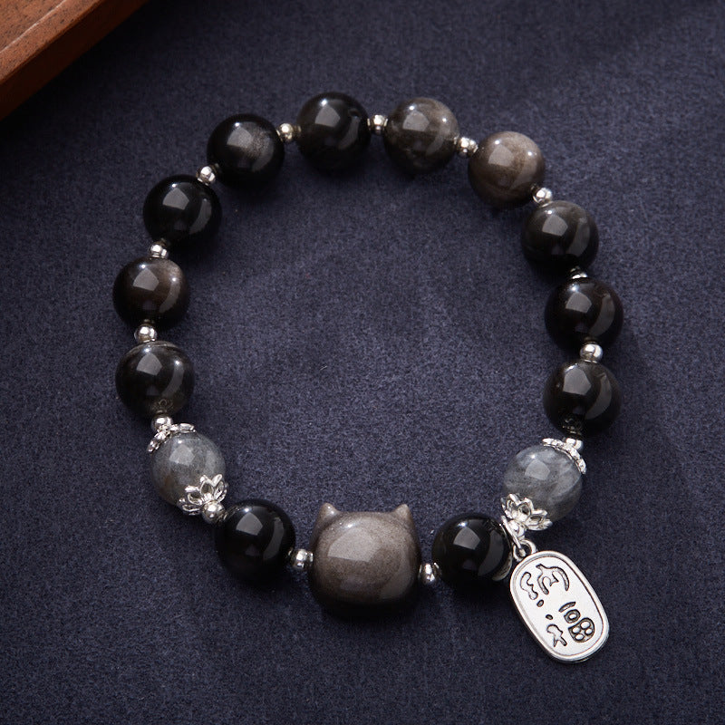 Wealth Protection – Black Obsidian Cat Bead Bracelet