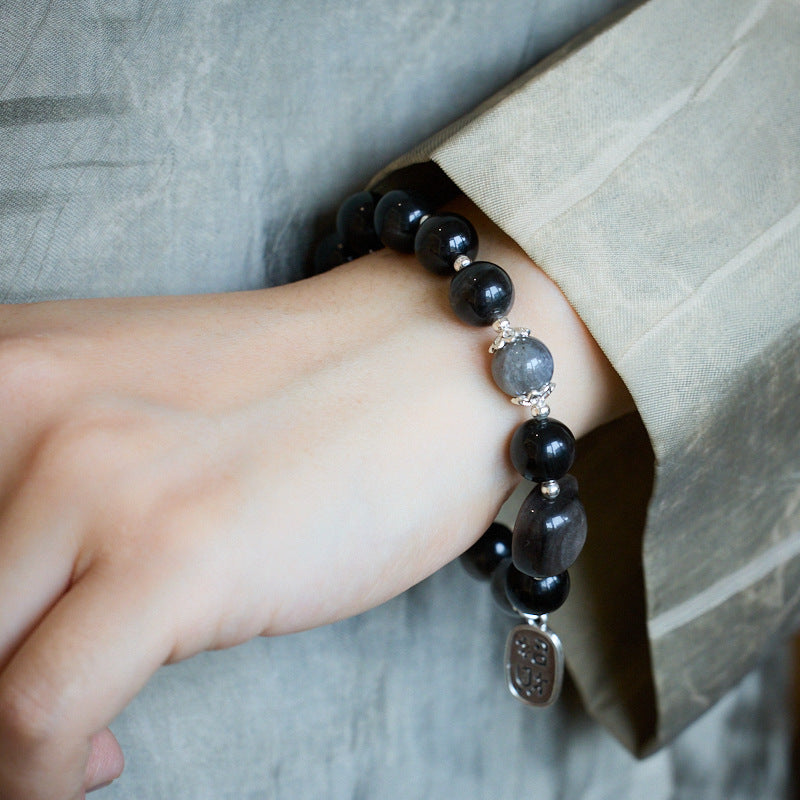 Wealth Protection – Black Obsidian Cat Bead Bracelet