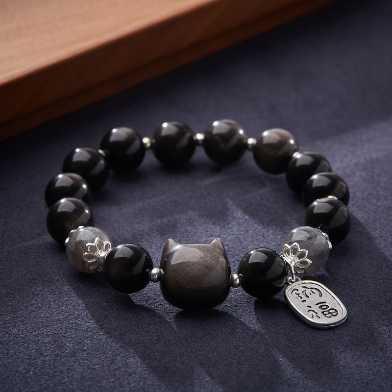 Wealth Protection – Black Obsidian Cat Bead Bracelet
