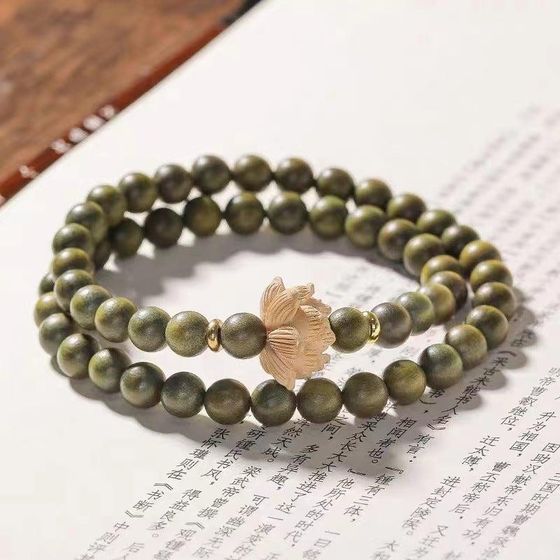 Double-Wrap Green Sandalwood Bead Lotus Pendant Bracelet