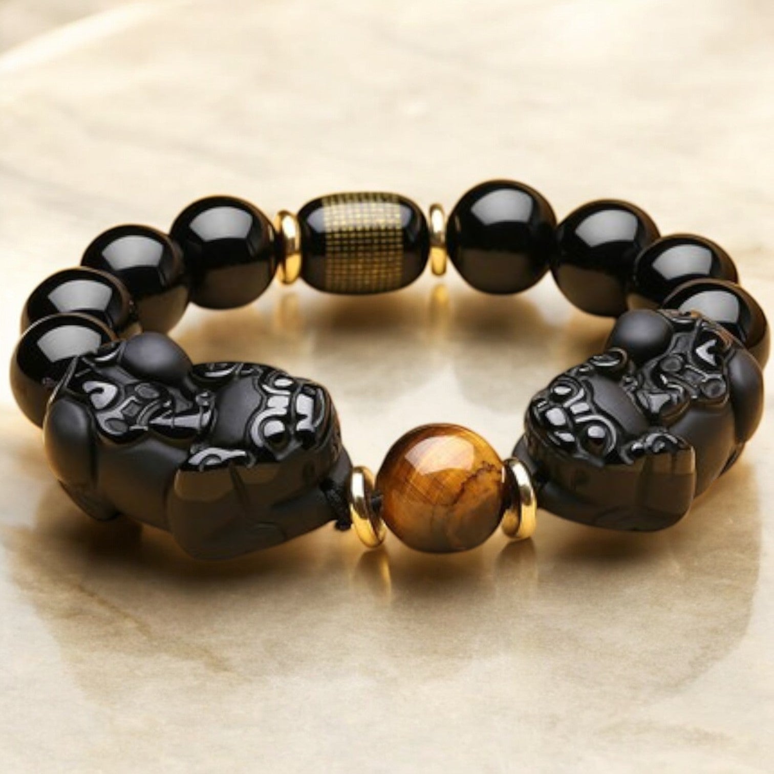 Double Pixiu Obsidian Tiger Eye Beads Bracelet 1