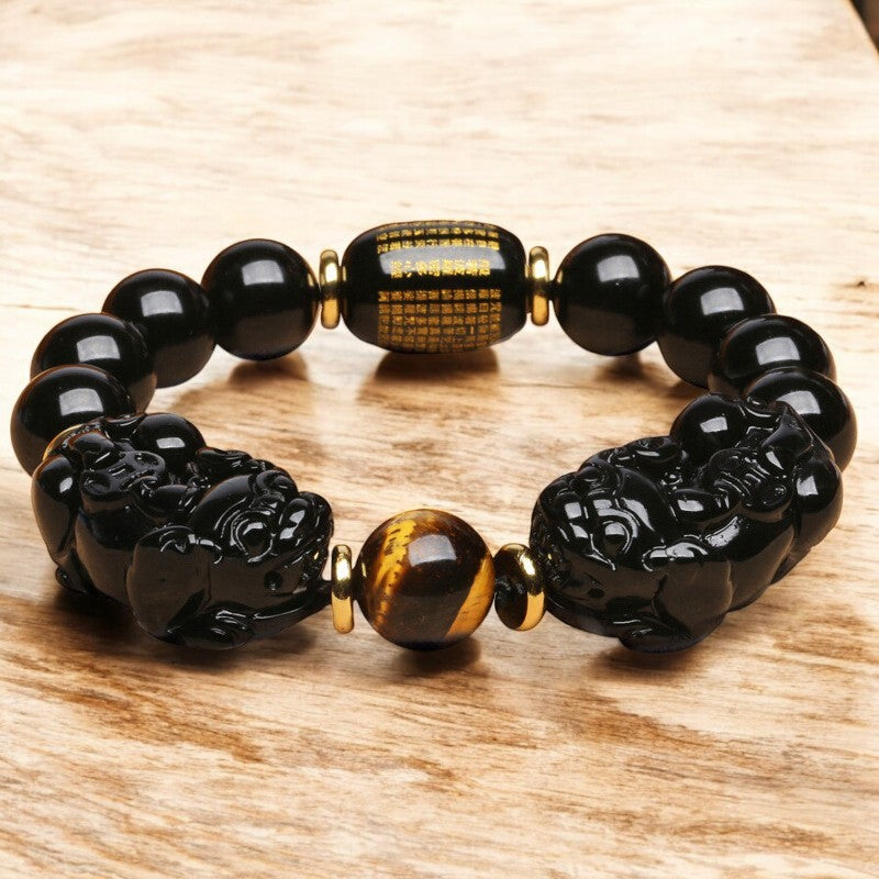Double Pixiu Obsidian Tiger Eye Beads Bracelet 2