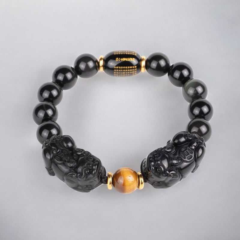 Double Pixiu Obsidian Tiger Eye Beads Bracelet 3