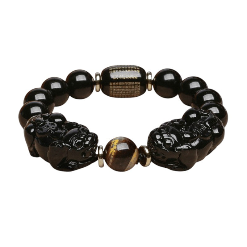 Double Pixiu Obsidian Tiger Eye Beads Bracelet 4