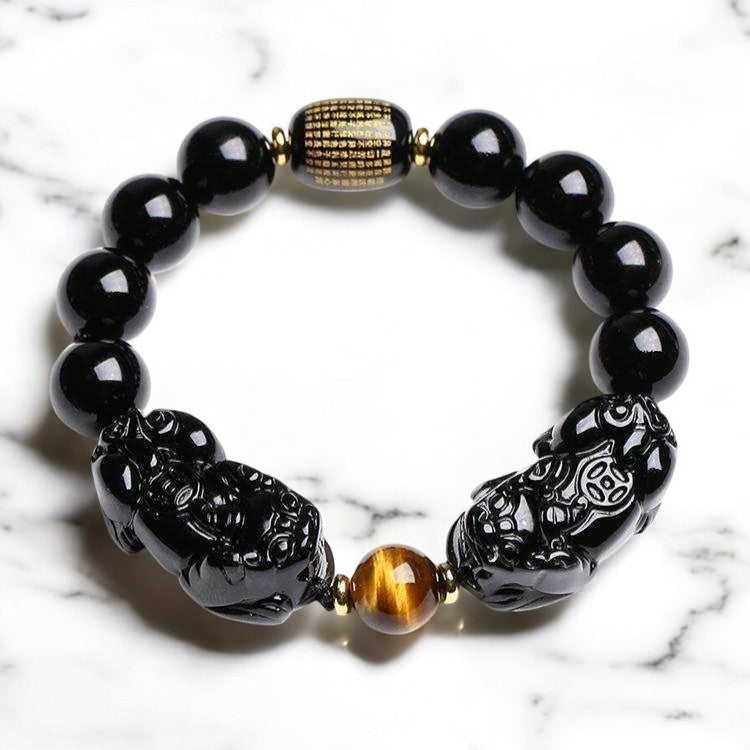 Double Pixiu Obsidian Tiger Eye Beads Bracelet 5