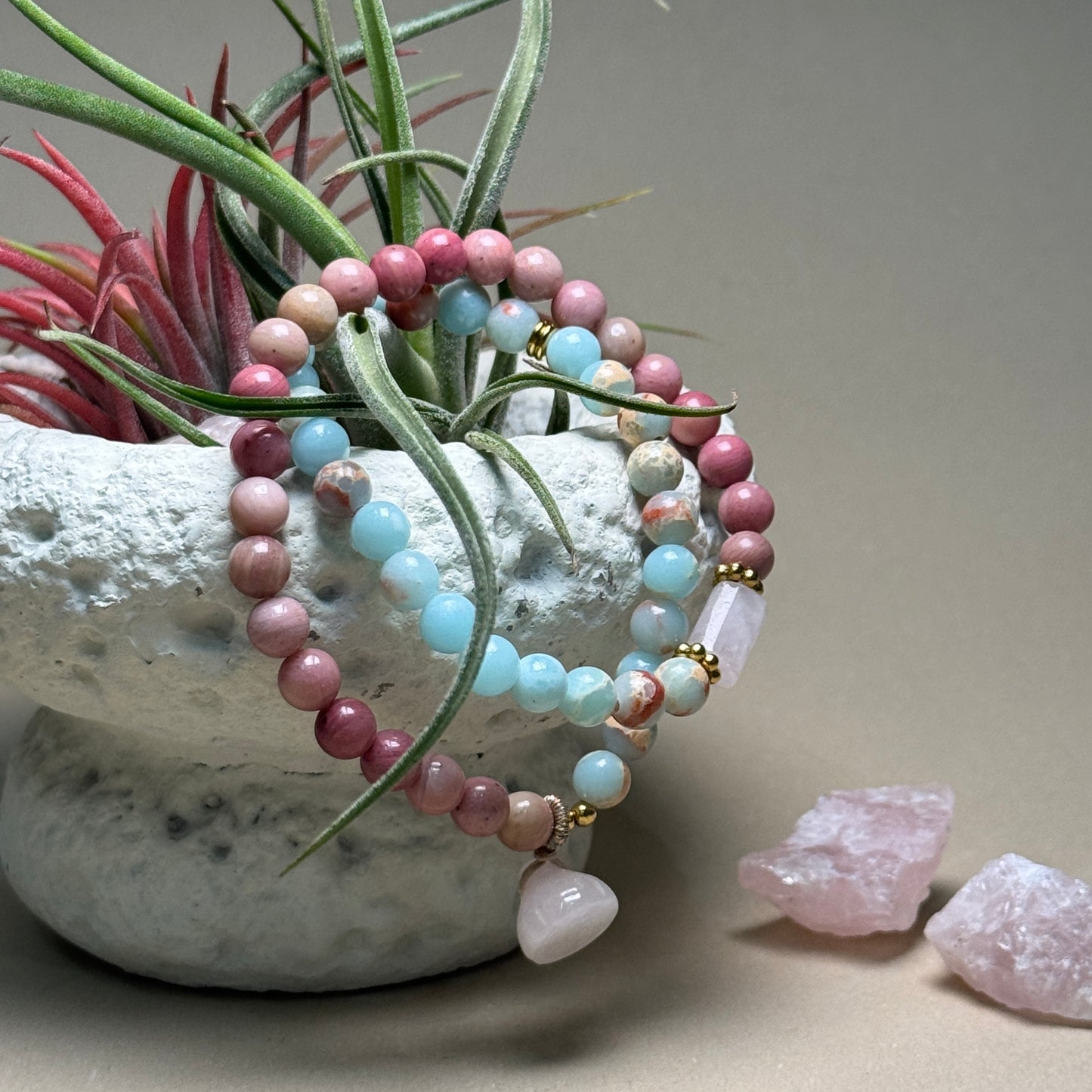 Double Wrap Natural Rhodonite Shoushan Stone Bracelet