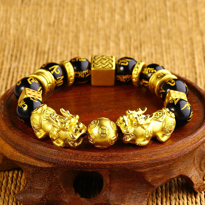 Golden Pixiu & Fortune Dice Wealth Guardian Obsidian Bracelet