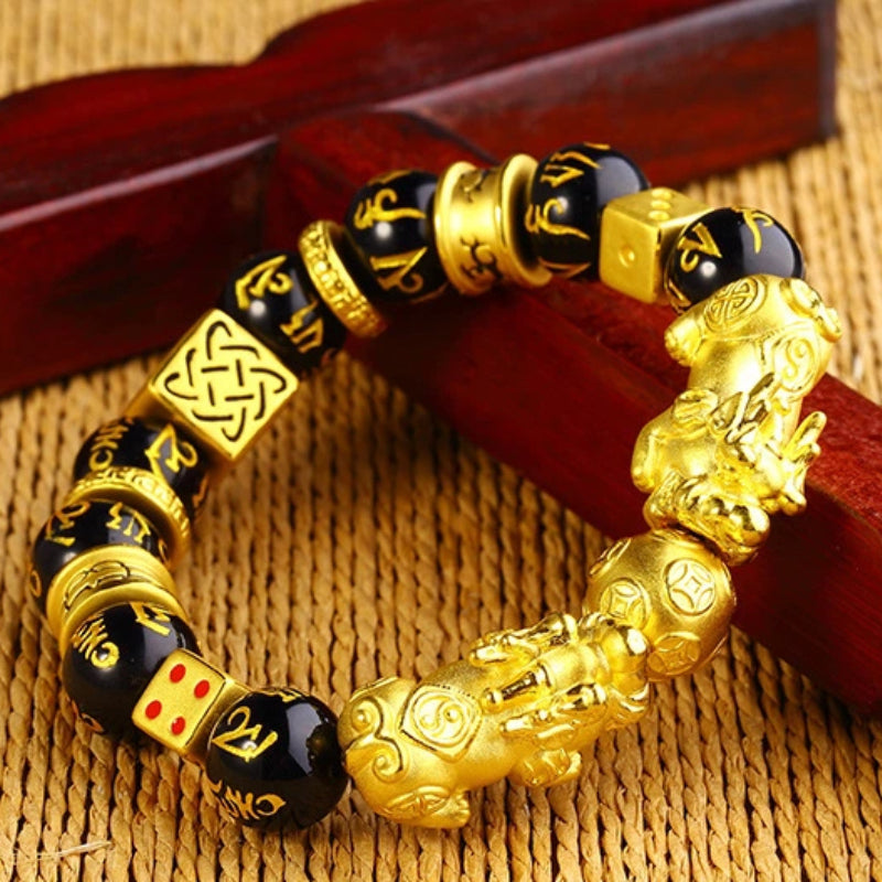Golden Pixiu & Fortune Dice Wealth Guardian Obsidian Bracelet