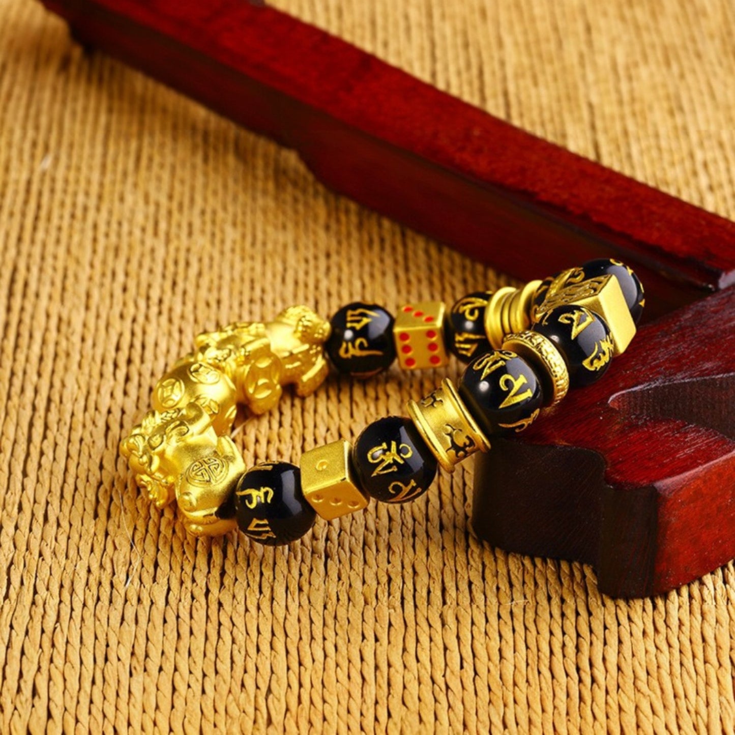 Golden Pixiu & Fortune Dice Wealth Guardian Obsidian Bracelet
