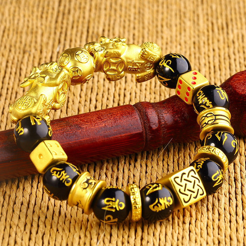 Golden Pixiu & Fortune Dice Wealth Guardian Obsidian Bracelet