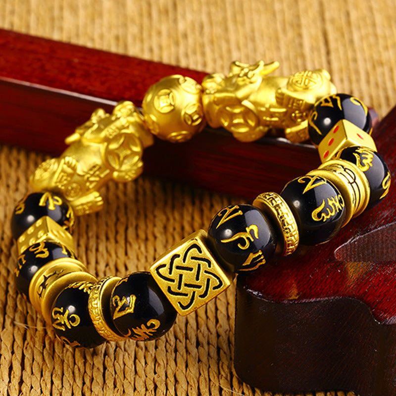 Golden Pixiu & Fortune Dice Wealth Guardian Obsidian Bracelet