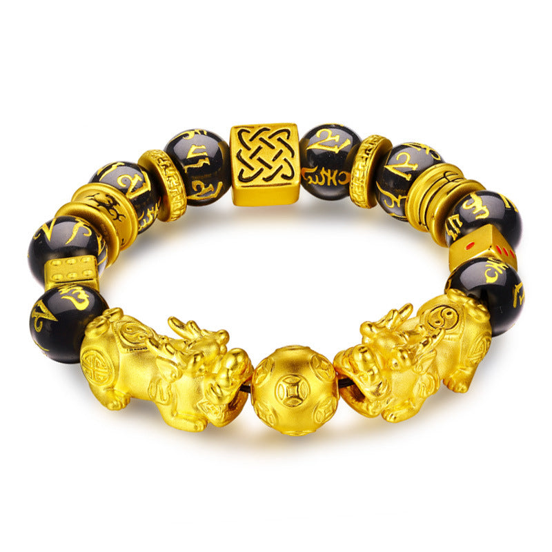 Golden Pixiu & Fortune Dice Wealth Guardian Obsidian Bracelet