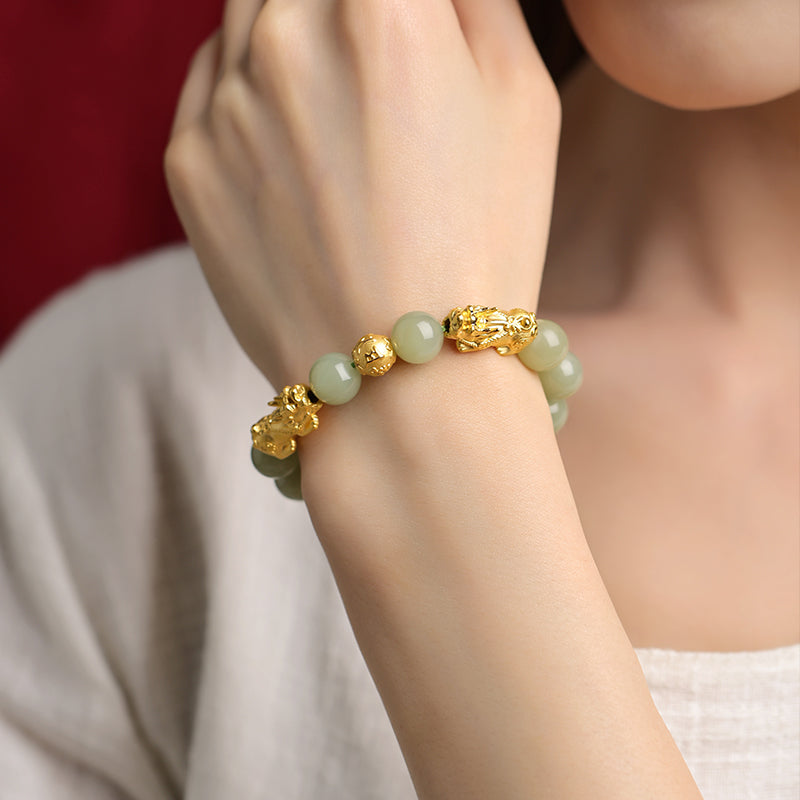 Golden Pixiu Jade Bead Bracelet
