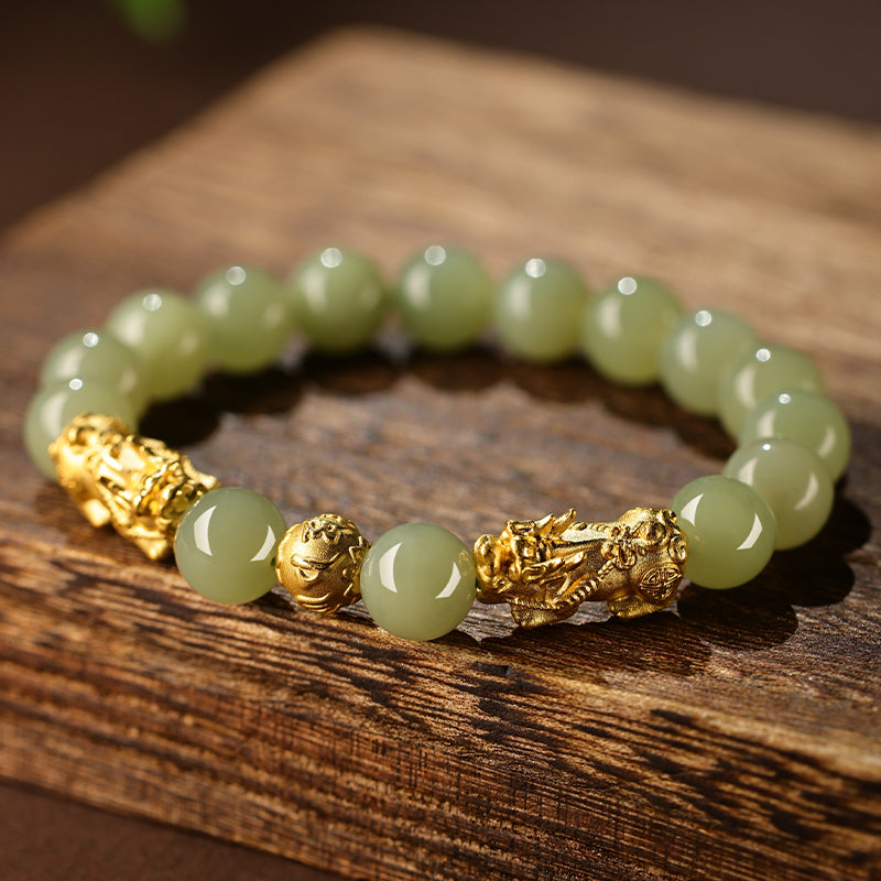 Golden Pixiu Jade Bead Bracelet