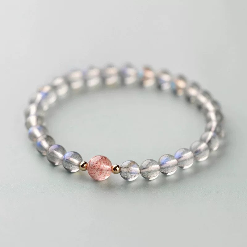 Gray Moonstone and Strawberry Quartz Beaded Bracelet