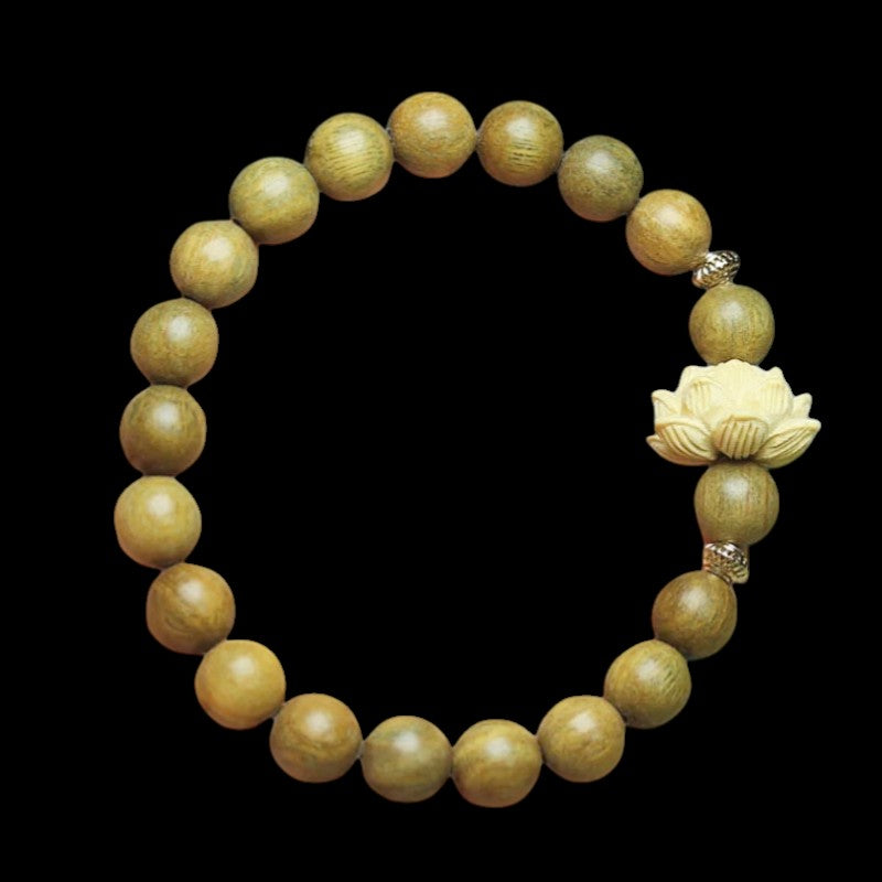 Green Sandalwood Bead Lotus Pendant Bracelet