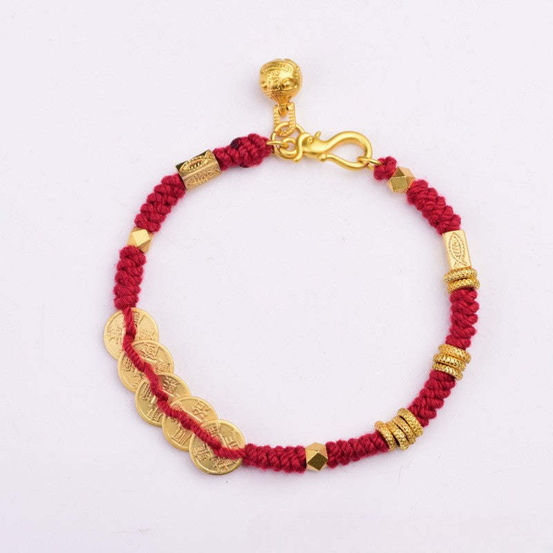 Handwoven Tibetan Five Emperor Coins Red String Bracelet