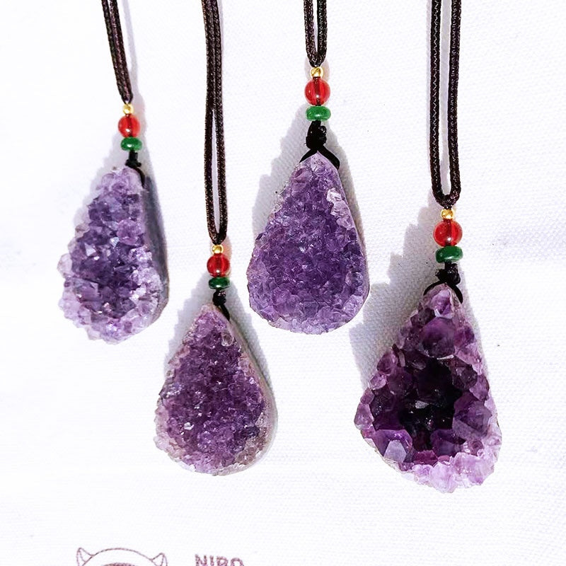 Natural Amethyst Druzy Teardrop Pendant Necklace