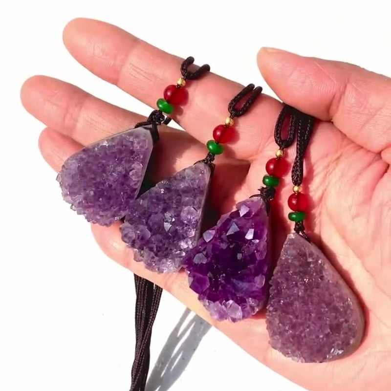 Natural Amethyst Druzy Teardrop Pendant Necklace
