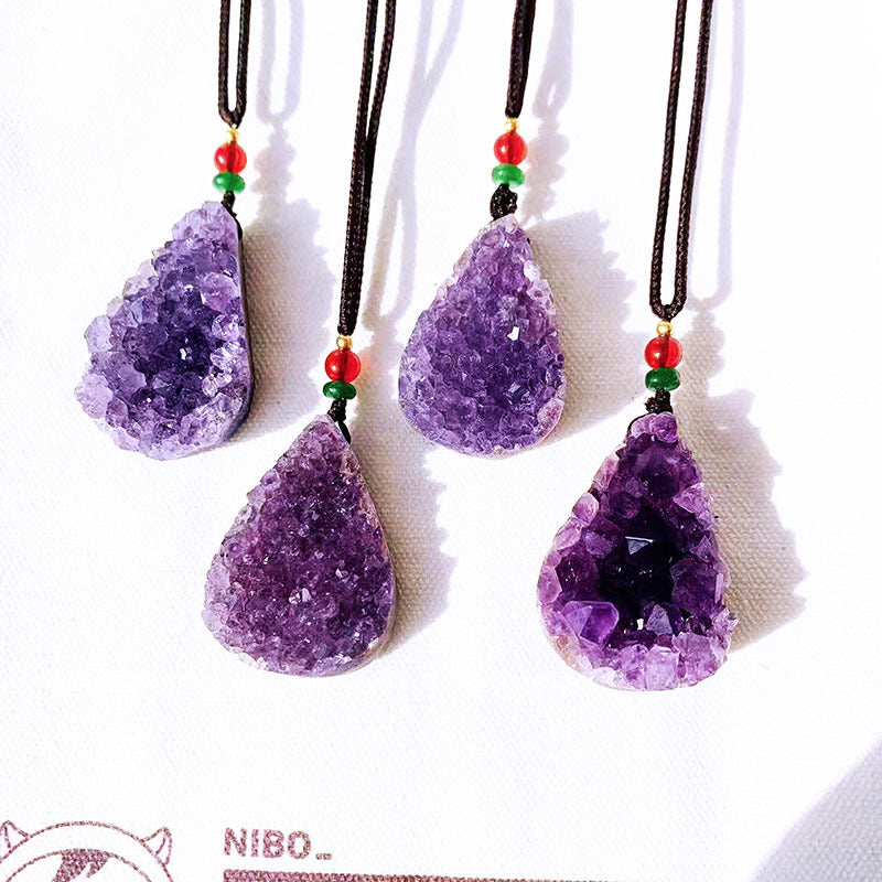 Natural Amethyst Druzy Teardrop Pendant Necklace
