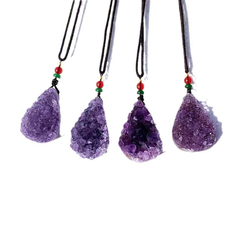 Natural Amethyst Druzy Teardrop Pendant Necklace