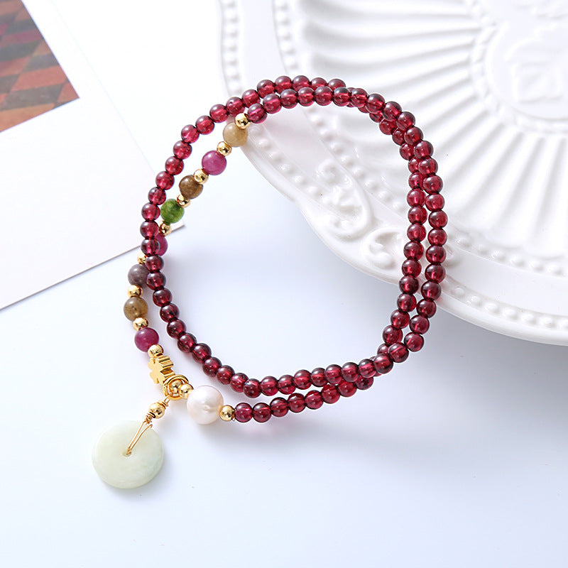 Natural Garnet Bead Jade Peace Buckle Pendant Bracelet