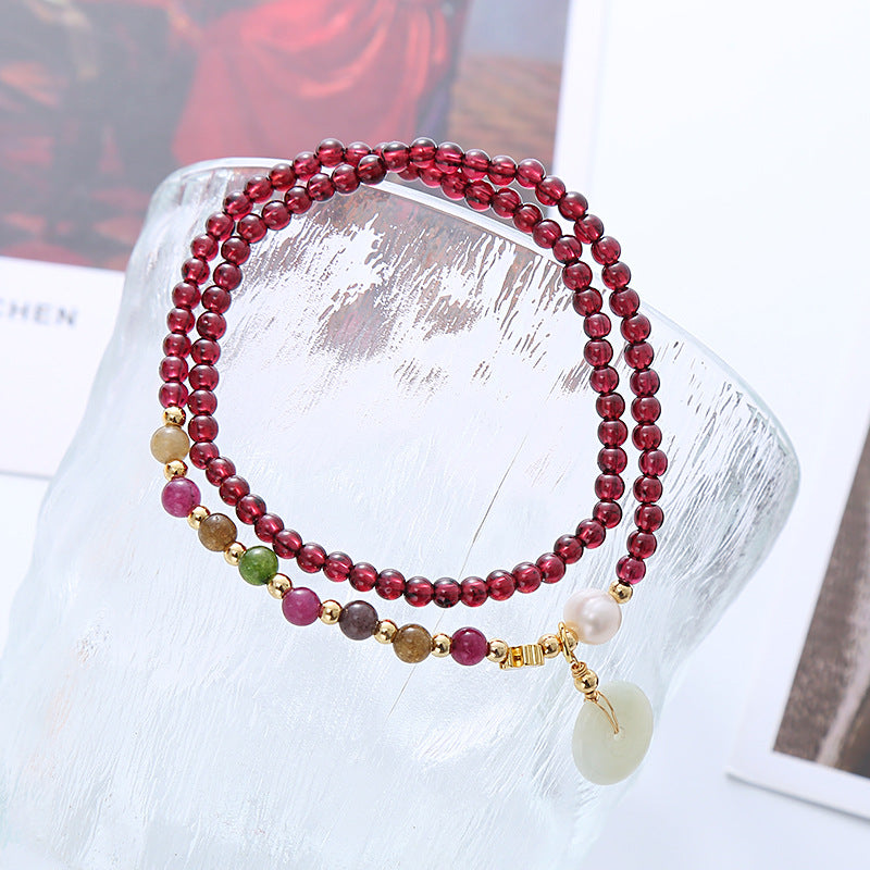 Natural Garnet Bead Jade Peace Buckle Pendant Bracelet