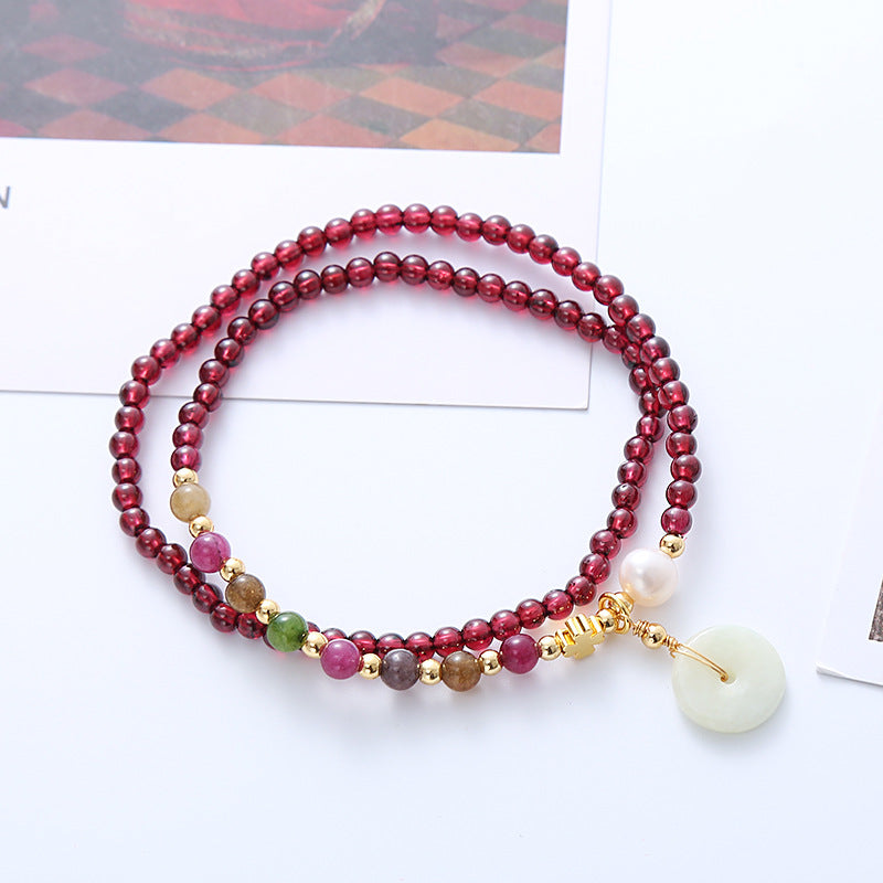 Natural Garnet Bead Jade Peace Buckle Pendant Bracelet