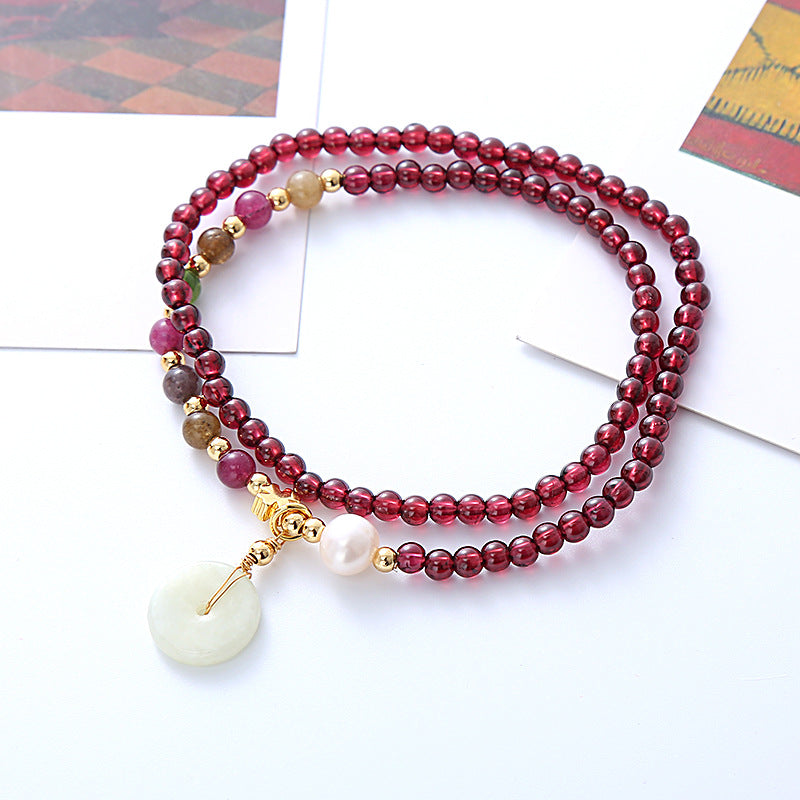 Natural Garnet Bead Jade Peace Buckle Pendant Bracelet