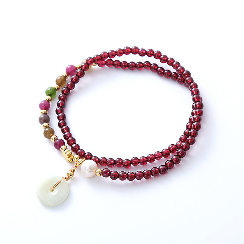 Natural Garnet Bead Jade Peace Buckle Pendant Bracelet