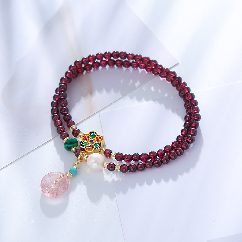 Natural Garnet Bead Strawberry Crystal Peace Buckle Pendant Bracelet