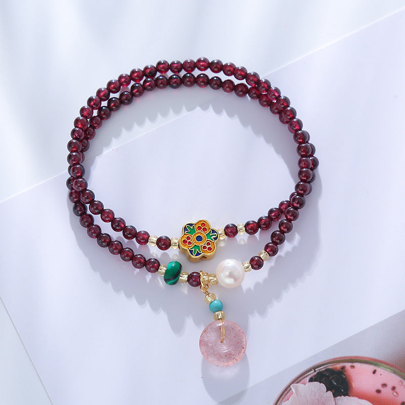 Natural Garnet Bead Strawberry Crystal Peace Buckle Pendant Bracelet