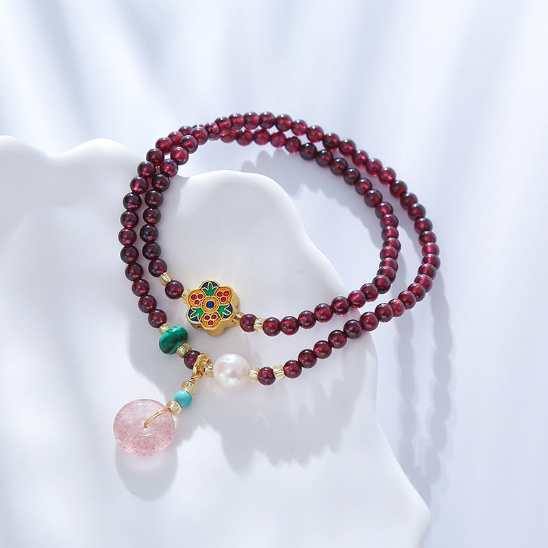 Natural Garnet Bead Strawberry Crystal Peace Buckle Pendant Bracelet