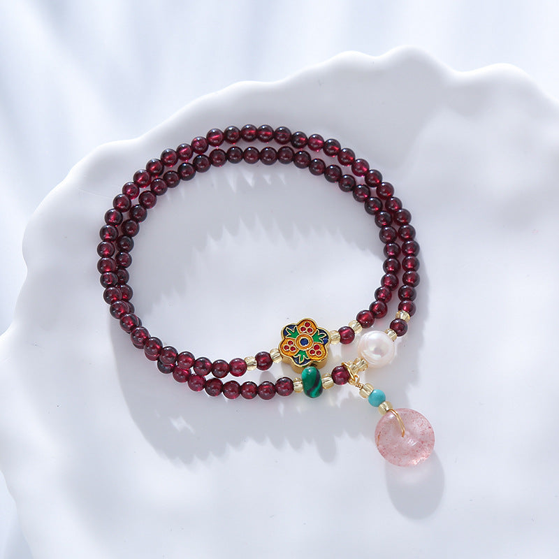Natural Garnet Bead Strawberry Crystal Peace Buckle Pendant Bracelet