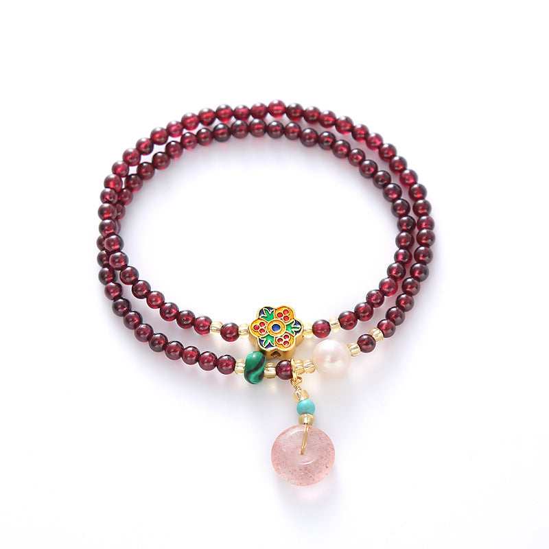 Natural Garnet Bead Strawberry Crystal Peace Buckle Pendant Bracelet