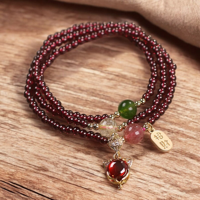 Natural Garnet Strawberry Quartz Crystal Fox Fortune Triple Wrap Bracelet1
