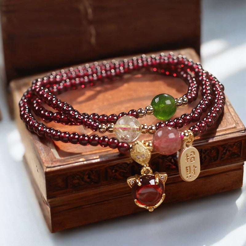 Natural Garnet Strawberry Quartz Crystal Fox Fortune Triple Wrap Bracelet3