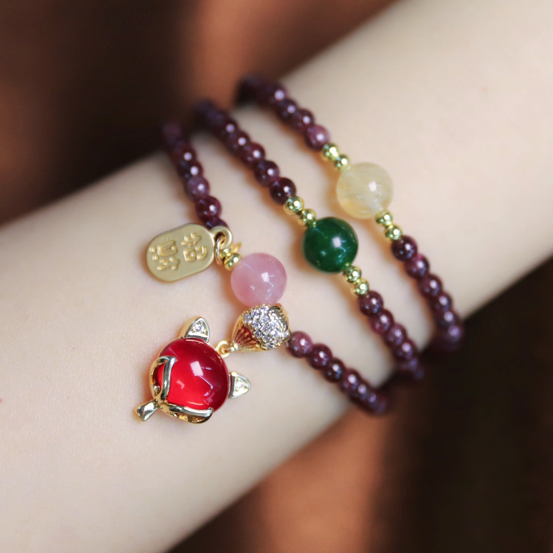 Natural Garnet Strawberry Quartz Crystal Fox Fortune Triple Wrap Bracelet5