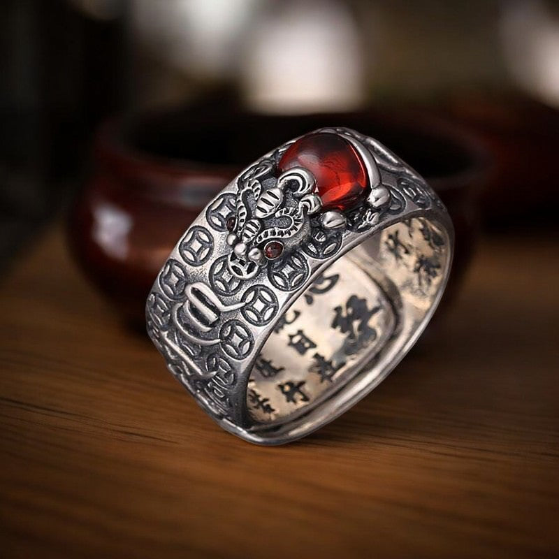 Pixiu Feng Shui Red Garnet Wealth Ring 3