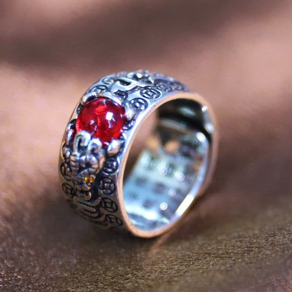 Pixiu Feng Shui Red Garnet Wealth Ring 6