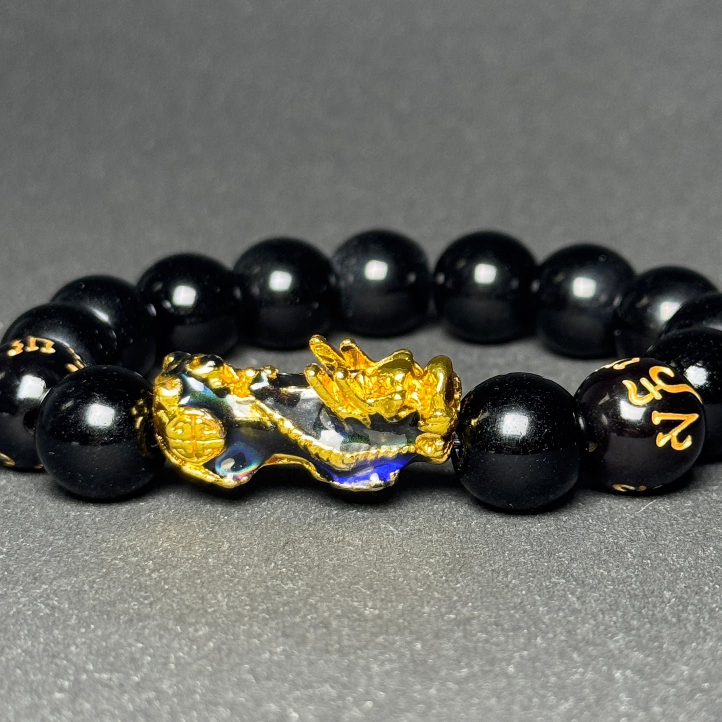 Pixiu Mantra Fengshui Black Obsidian Bracelet