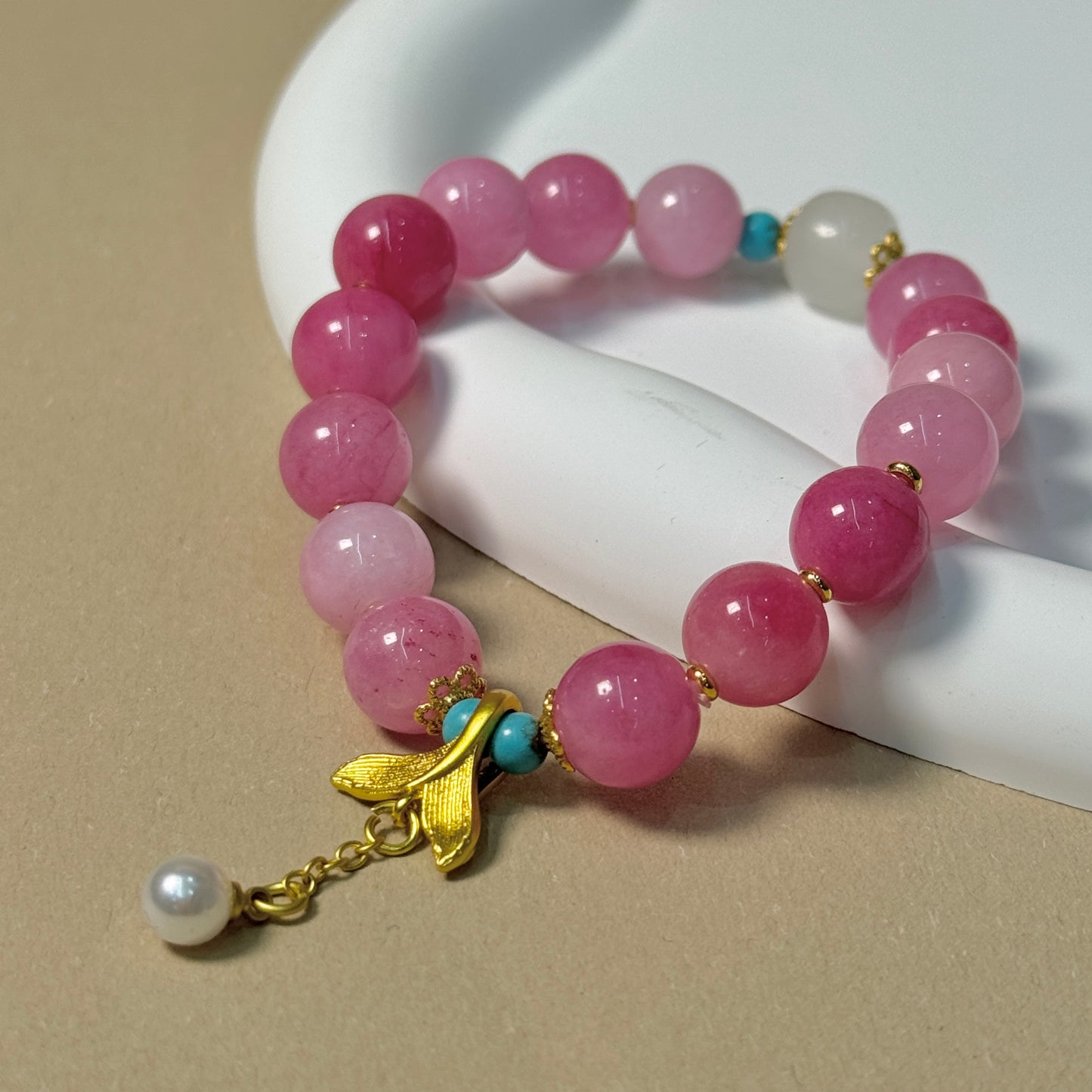 Rose Quartz Romance Bracelet with Fish Tail Pendant