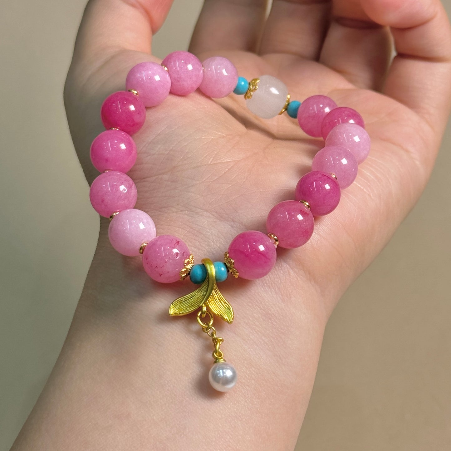Rose Quartz Romance Bracelet with Fish Tail Pendant