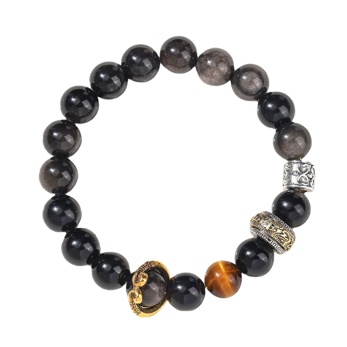 Silver Obsidian & Tiger Eye Wukong Protection Bracelet