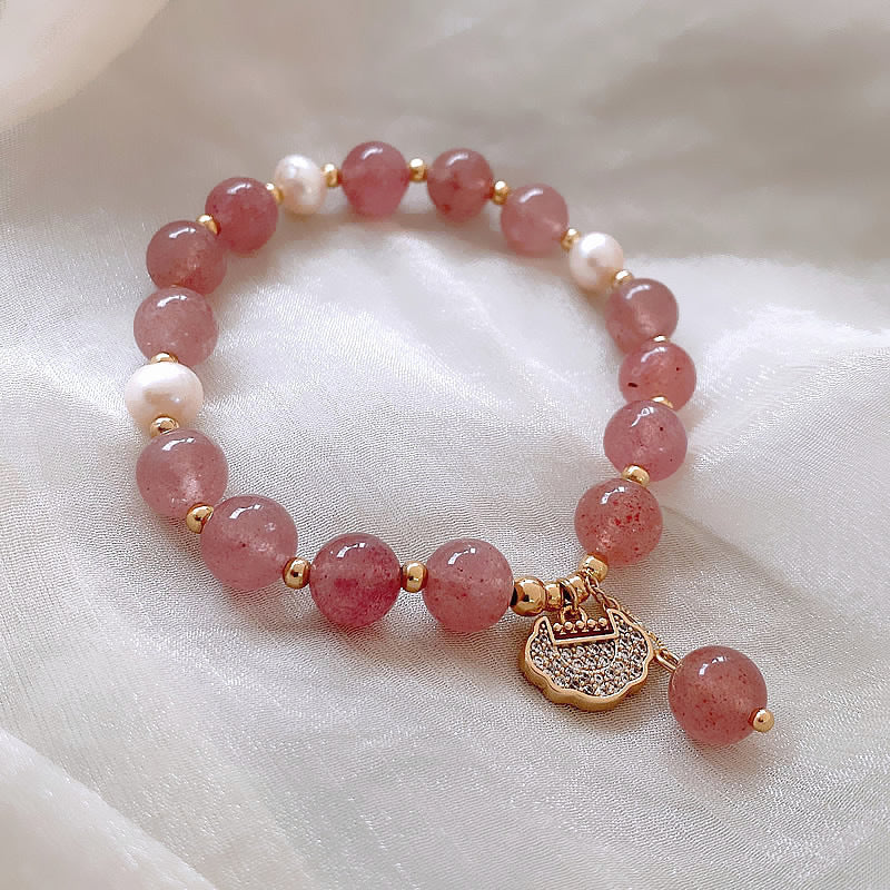 Strawberry Quartz Pearl Beaded Lock Charm Pendant Bracelet