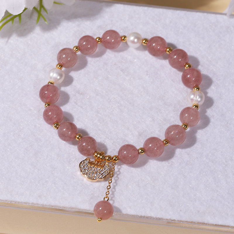 Strawberry Quartz Pearl Beaded Lock Charm Pendant Bracelet
