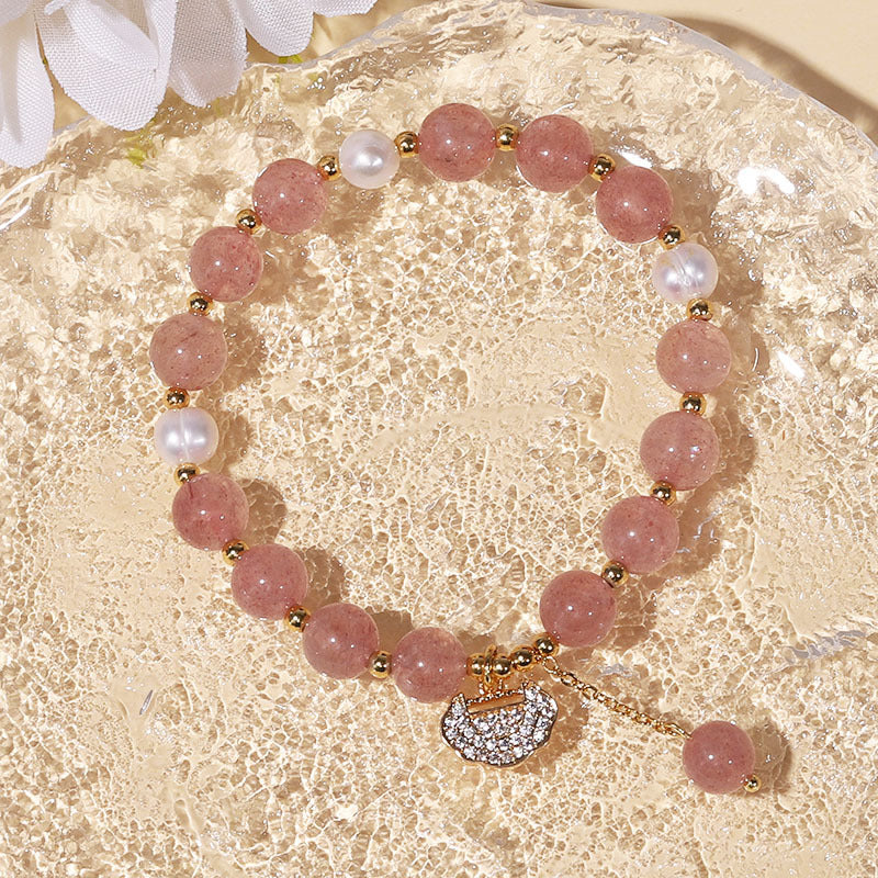 Strawberry Quartz Pearl Beaded Lock Charm Pendant Bracelet