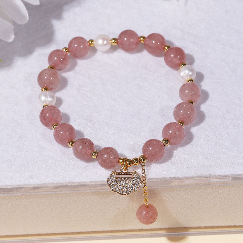 Strawberry Quartz Pearl Beaded Lock Charm Pendant Bracelet